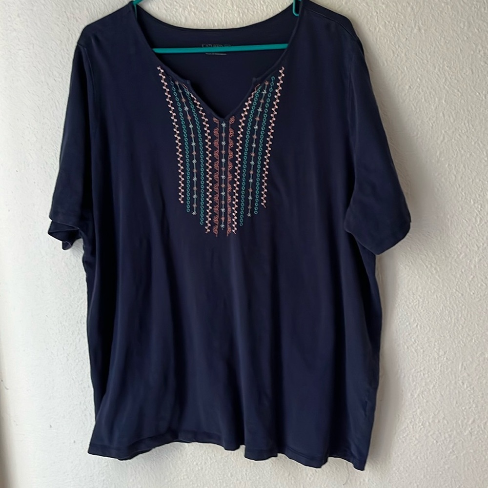 Catherines Navy Top with Pink Embroidery
